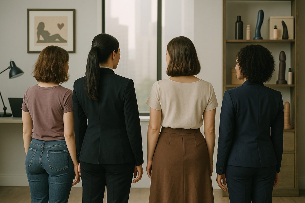 「背を向けて立つ4人の女性たち、オフィス風の部屋にて」